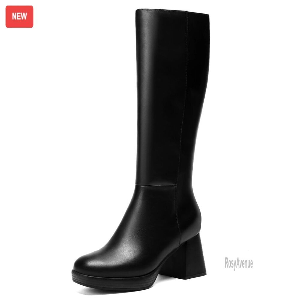Wide Calf Knee High Boots Square Toe Block Heel Platform PU Leather
